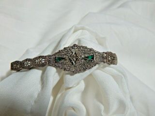 Esemco Sterling Deco Filigree Bracelet Emeralds & Diamond Antique Wow Lovely