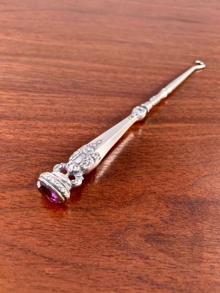 Foster & Bailey Sterling Silver Button Hook W/ Large Amethyst End: No Monogram