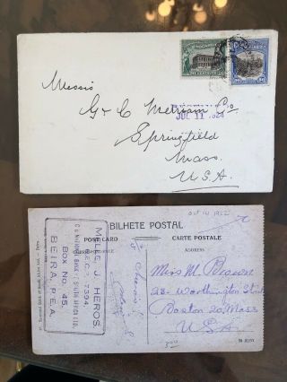 25 2 Rare 1920s Portugal Portuguese Colonial Mozambique Postcard & Cover To Usa