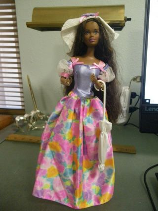 Vintage Barbie Doll Mattel Black African American With Dress,  Parasol And Hat