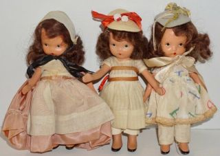 3 Vintage Nancy Ann Story Book Bisque Dolls Quaker Made & 2 More Pls Help Id