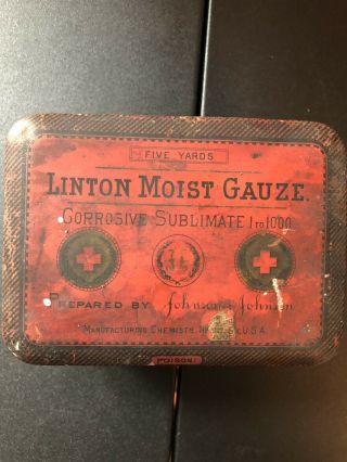 1 Very Rare Vintage Antique 1879 Johnson & Johnson Linton Moist Gauze Tin