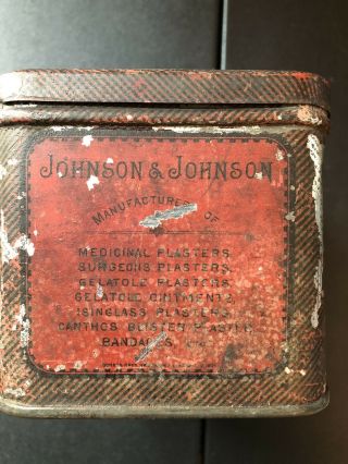1 VERY RARE VINTAGE ANTIQUE 1879 JOHNSON & JOHNSON LINTON MOIST GAUZE TIN 2