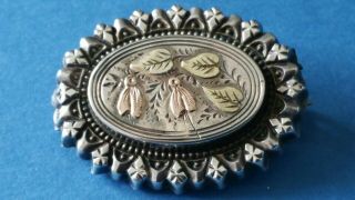 Antique Victorian Hallmarked Sterling Silver Brooch Pin With Gold Details.