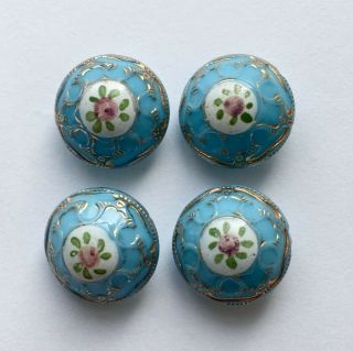 4 X Antique Turquoise Glass Buttons With Central Floral Enamelled Panel