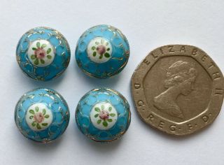 4 x Antique Turquoise Glass Buttons With Central Floral Enamelled Panel 2