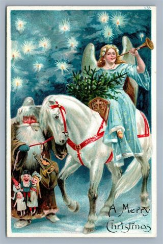Santa In Green Robe W/ Angel On Horse Christmas Antique Embossed Postcard