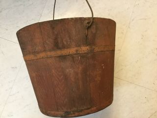 Sap Bucket Antique Wooden W/original Hook,  2 Bands,  Old Red Paint
