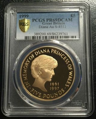 Great Britain £5 Gold 1999 Pcgs Pr69dcam Diana Rare In 69 Grade