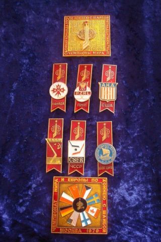 Ice Hockey World Championships 1979 8 Pin Badges.  Russia.  Soviet Union.  Set Rare.