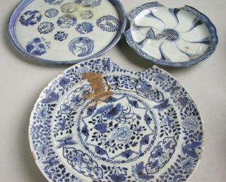 3 X Chinese / Japanese 18th - 19th Century Blue & White Porcelain Dishes (damage