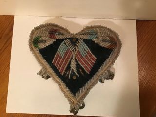 Antique Heart Shaped Beaded Pin Cushion Early 1900’s 2 American Flags Iroquois N