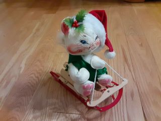 Annalee Dolls Vintage White Cat On Wood Sled Christmas Holiday Figure Ornament