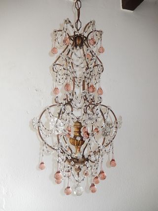 C 1920 French Pink Murano Drops Crystal Prisms Swags Old Chandelier Rare