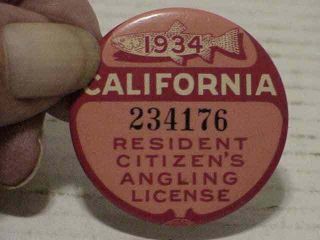 Rare 1934 California Resident Angling Fishing License Pin & Paper