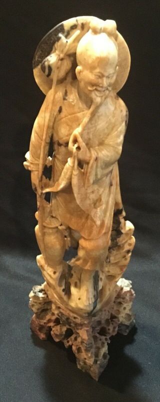 Large 14” Tall Antique Chinese Carved Soapstone Statue Old Fisherman