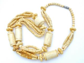 Hand Carved Bead Necklace Bovine Bone Vintage Antique Statement Jewelry 30 " Long