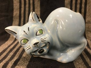 Vintage Antique Small Hand Painted Blue Kitty Cat Figure Planter Bud Vase Cute