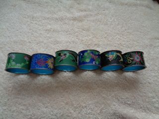Vintage Pretty Chinese Cloisonne Set Of 6 Napkin Rings Dragons & Flowers