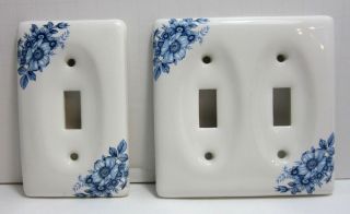 2 Vintage Amertac Blue Floral Porcelain Light Switch Wall Plates 50 