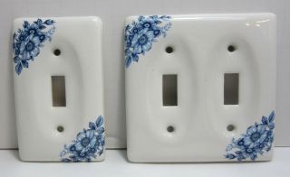 2 Vintage Amertac Blue Floral Porcelain Light Switch Wall Plates 50 ' s 2