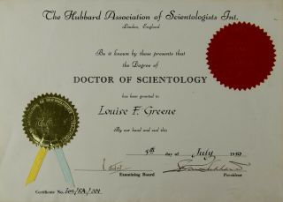 Rare Doctor Of Scientology Certificate - Signed By L.  Ron Hubbard
