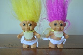 Two Russ Berrie Baby Troll Dolls Magenta & Yellow Hair 18345 With Stickers 2 "