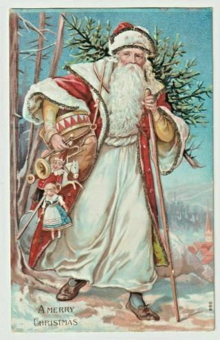 Rare Long Fancy Red Robe Santa Claus Antique Embossed Christmas Postcard - M598