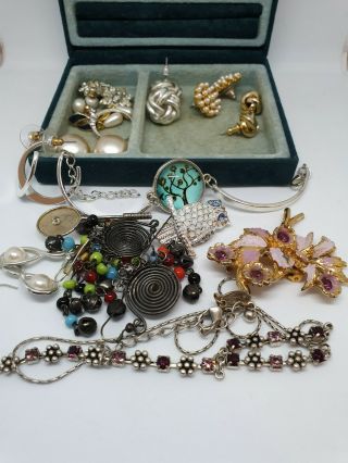 Antique Velvet Box Vintage Jewellery Brooch Necklace And Joblot Earrings