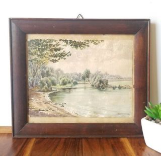 Antique Landscape Watercolor Painting Framed Signed Wood Frame Gallery
