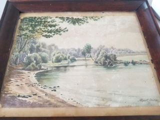 Antique Landscape Watercolor Painting Framed Signed Wood Frame Gallery 2