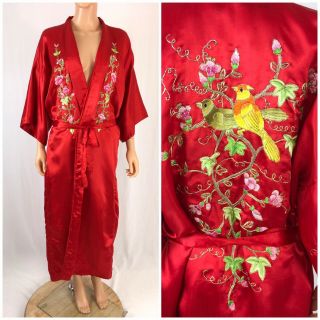 Vintage Chinese Silk Robe Red Embroidered Long Silk Robe Phoenix Xl Made China