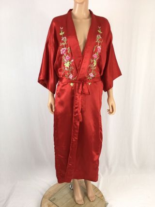 Vintage Chinese Silk Robe Red Embroidered Long Silk Robe Phoenix XL Made China 2