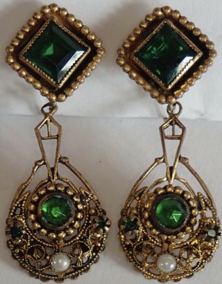 Antique Art Deco Gold Gilt Brass Filigree Emerald Rhinestone Pearl Earrings