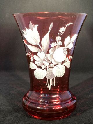 Antique Red Pink Mary Gregory Glass Vase Hand Painted Floral Flowers