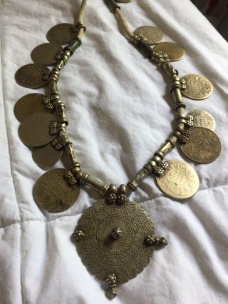 Antique Tibet/nepal/afri? Ancient Coin Necklace.  @ 26” Long.  Big Old Piece