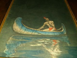 Exquisite Antique Native American Indian Canoe Lake River Night Scene Painting