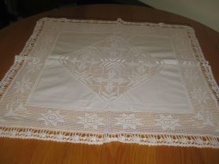 Vintage White Cotton & Crocheted Small Tablecloth