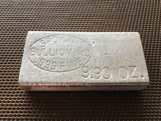 Vintage Spokane Bullion Inc 9.  9 Oz.  999 Fine Poured Silver Bar Rare
