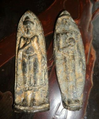 Two Antique Lead Standing Ayutthayan Buddha Shrine Amulets