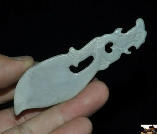 4 " Old China Natural Hetian White Jade Hand Carved Beast Head Weapon Knife Statue