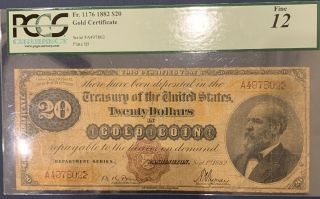 1882 20 Gold Certificate Fr 1176 With The Small Brown Seal Very Rare 27 Known