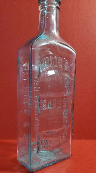 Antique/vintage 9” Hoods Sarsaparilla Apothecary Aqua Bottle,  Vg