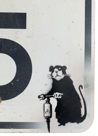 BANKSY Jackhammer Rat Stencil on Metal Street Art 24x18” Sign 2011 RARE 2
