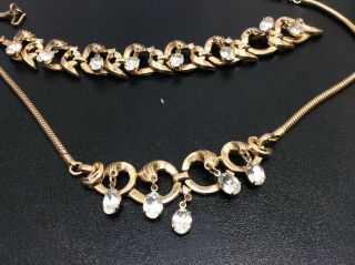 Rare Crown Trifari Gold Tone Necklace And Bracelet With Rhinestone