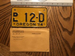 1974 Nos A,  Oregon Dealer Motorcycle License Plate Vintage Antique 12 D