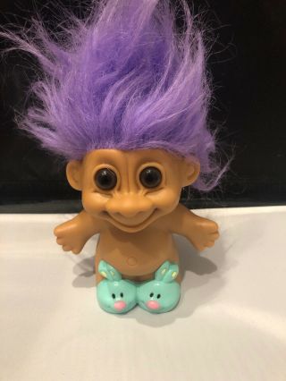 Vintage Russ 5 " Happy Easter Bunny Troll Doll With Bunny Slippers