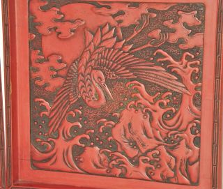Antique Chinese Carved Cinnabar Phoenix Bird Wood Panel 19th C.  Qing