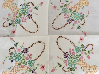 Vintage Hand Embroidered Linen Tablecloth Baskets Of Flowers & Strawberries