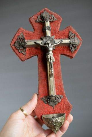 ⭐ Antique French Religious Cross,  Crucifix,  Holy Water Font,  19 Th Century⭐
